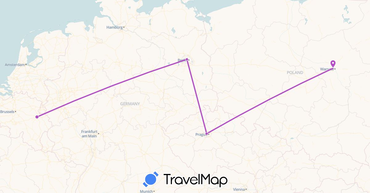 TravelMap itinerary: driving, train in Belgium, Czech Republic, Germany, Poland (Europe)